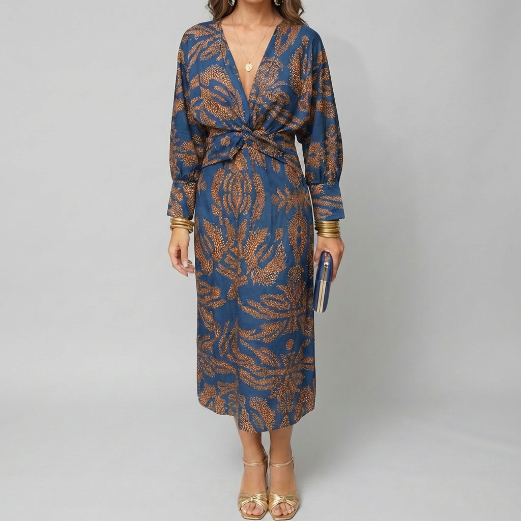 Vestido Midi Impreso con Nudo Frontal para Mujeres