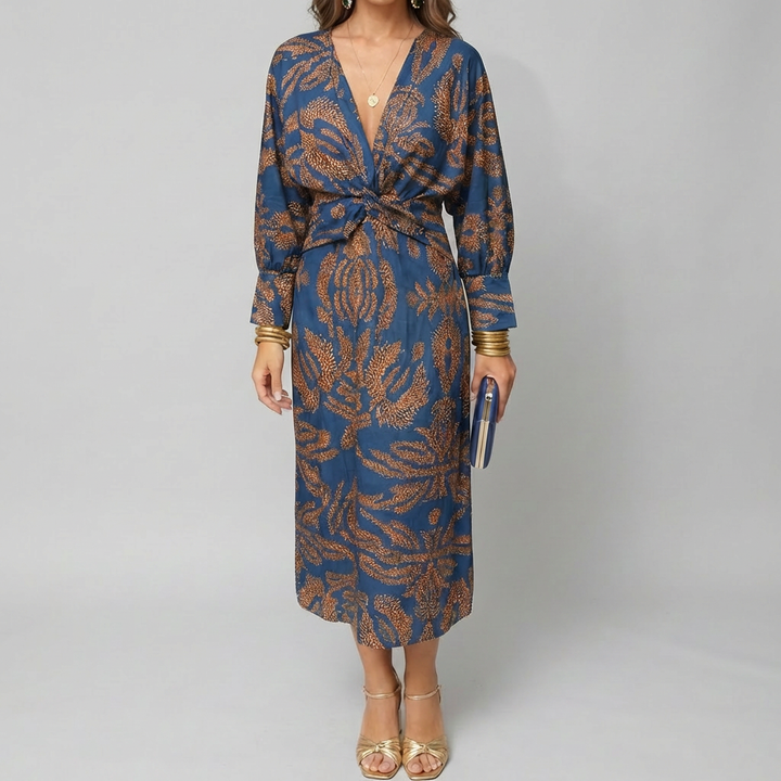 Vestido Midi Impreso con Nudo Frontal para Mujeres