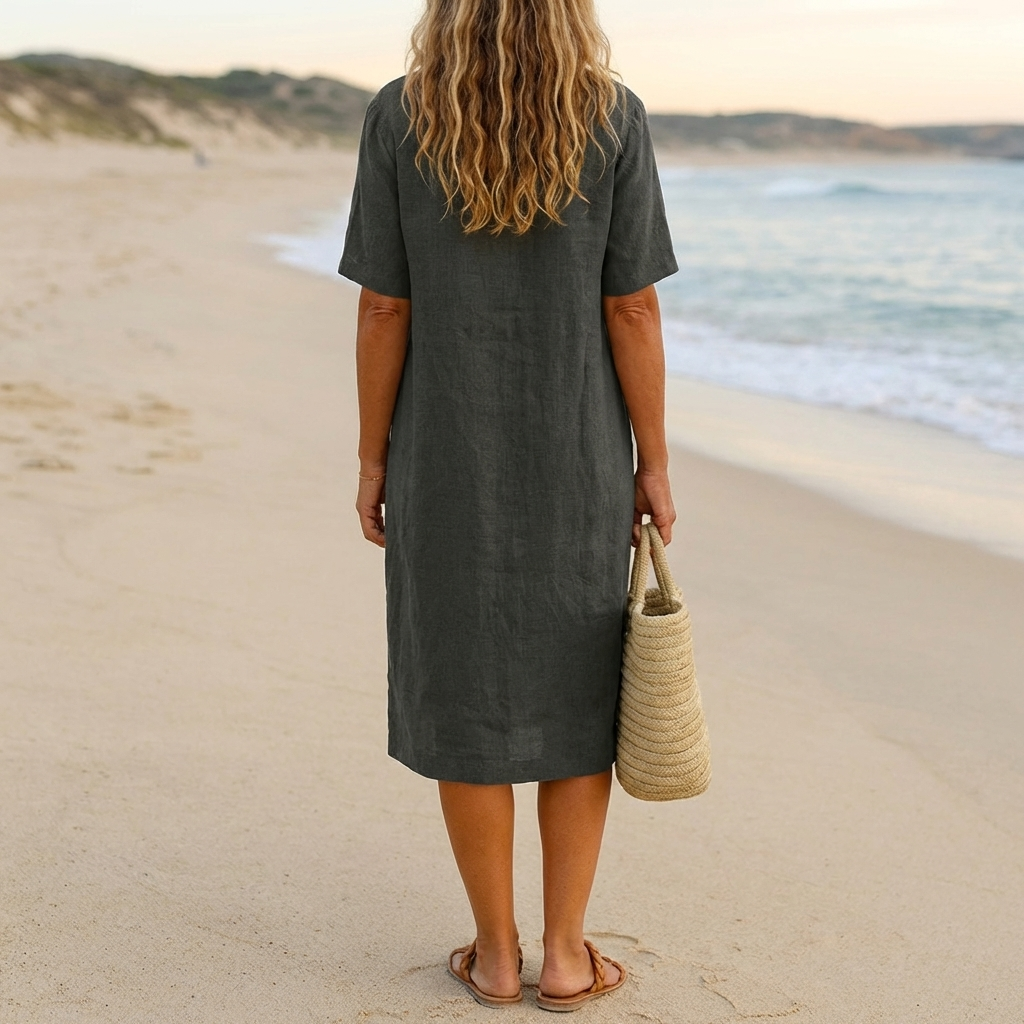 Vestido Relajado de Playa con Cuello en V y Mangas Cortas