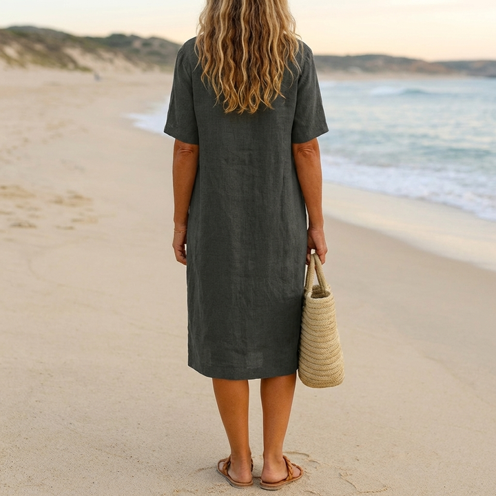 Vestido Relajado de Playa con Cuello en V y Mangas Cortas
