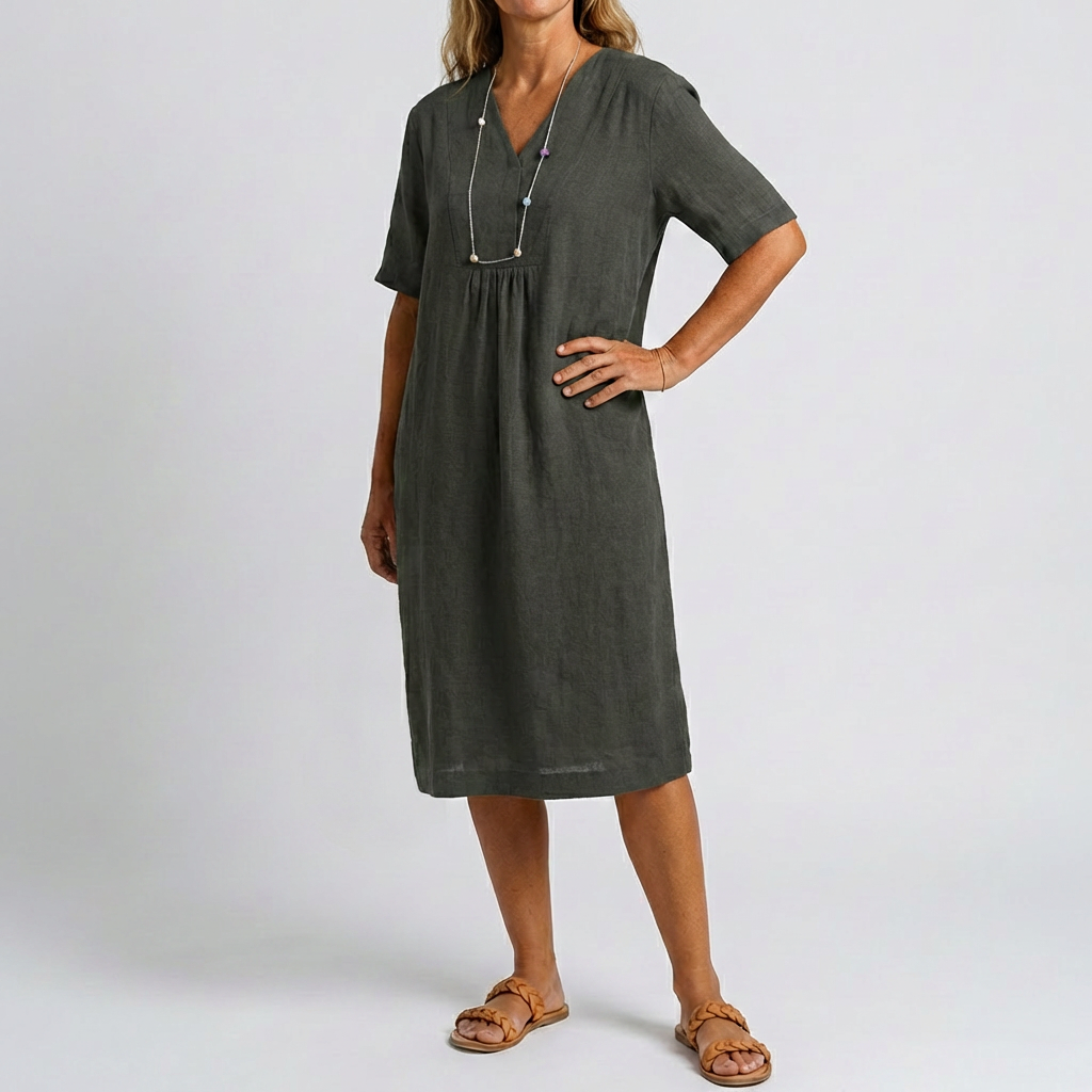 Vestido Relajado de Playa con Cuello en V y Mangas Cortas