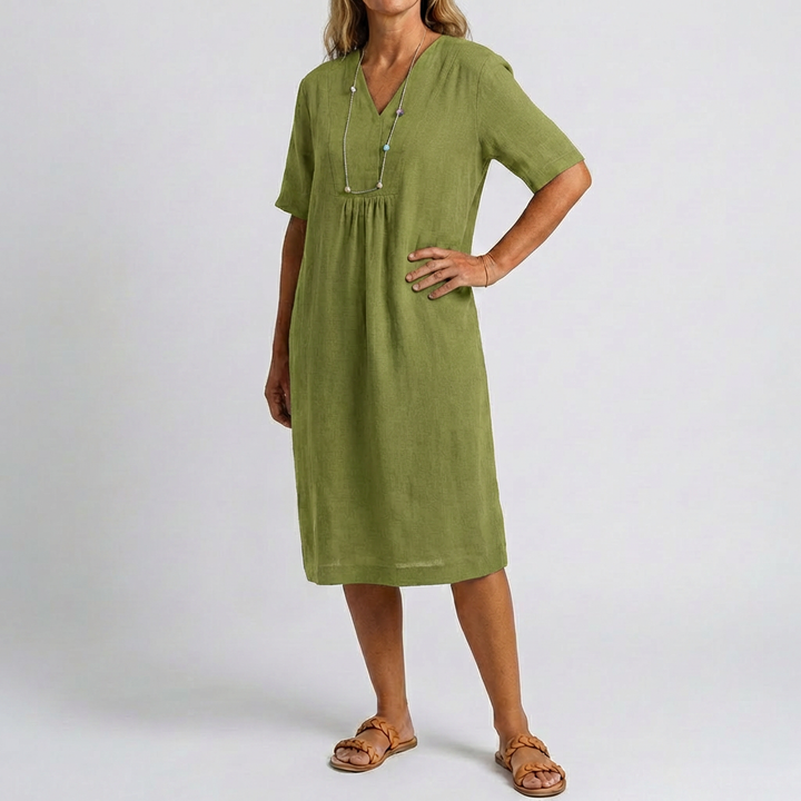 Vestido Relajado de Playa con Cuello en V y Mangas Cortas