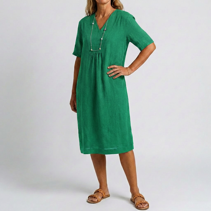 Vestido Relajado de Playa con Cuello en V y Mangas Cortas