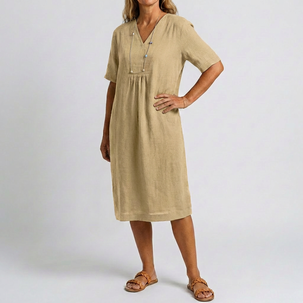 Vestido Relajado de Playa con Cuello en V y Mangas Cortas