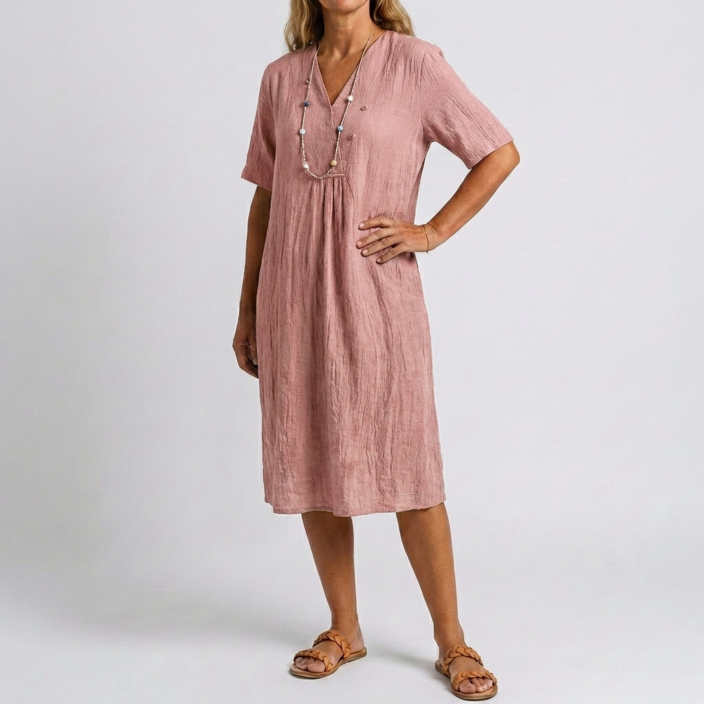 Vestido Relajado de Playa con Cuello en V y Mangas Cortas