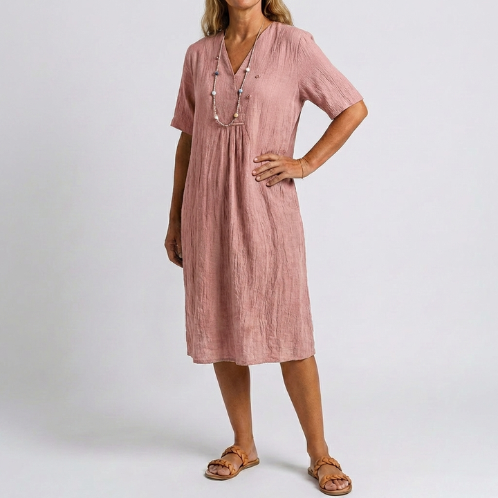 Vestido Relajado de Playa con Cuello en V y Mangas Cortas