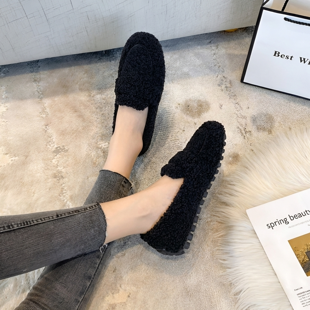 Zapatilla Plana de Peluche Sin Cordones