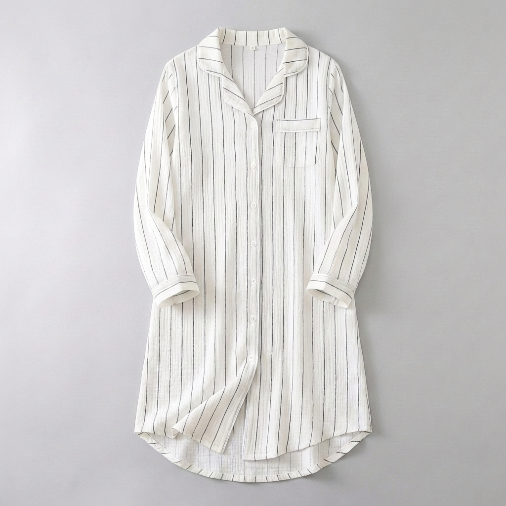 Camisón de gasa de algodón rayada ligera para mujeres