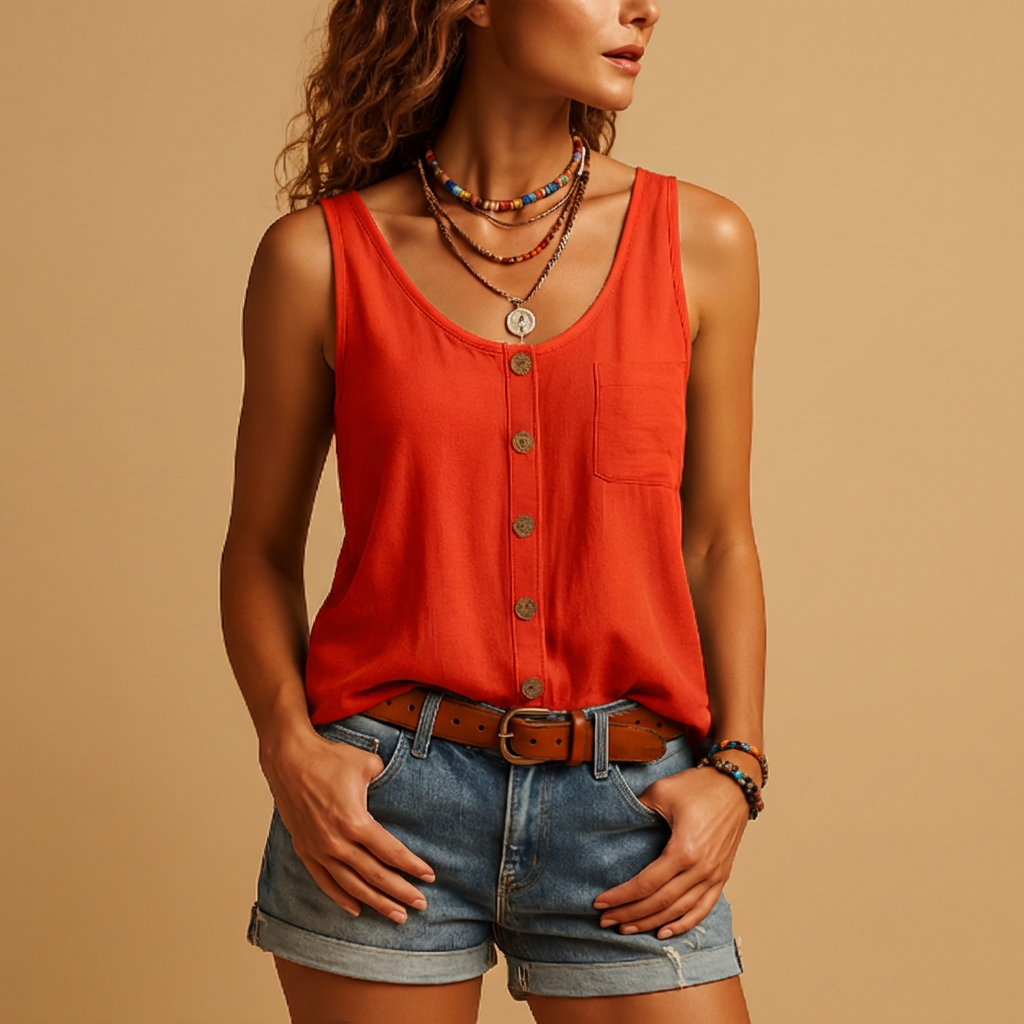 Blusa Sin Mangas Con Botones Para Mujeres