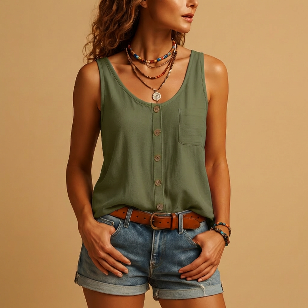 Blusa Sin Mangas Con Botones Para Mujeres