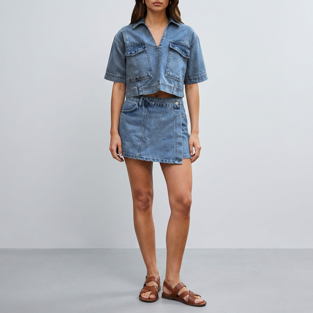 Conjunto de Denim de Dos Piezas con Top y Falda