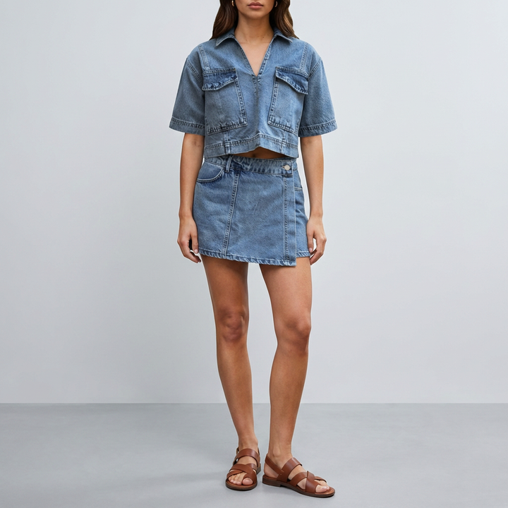 Conjunto de Denim de Dos Piezas con Top y Falda