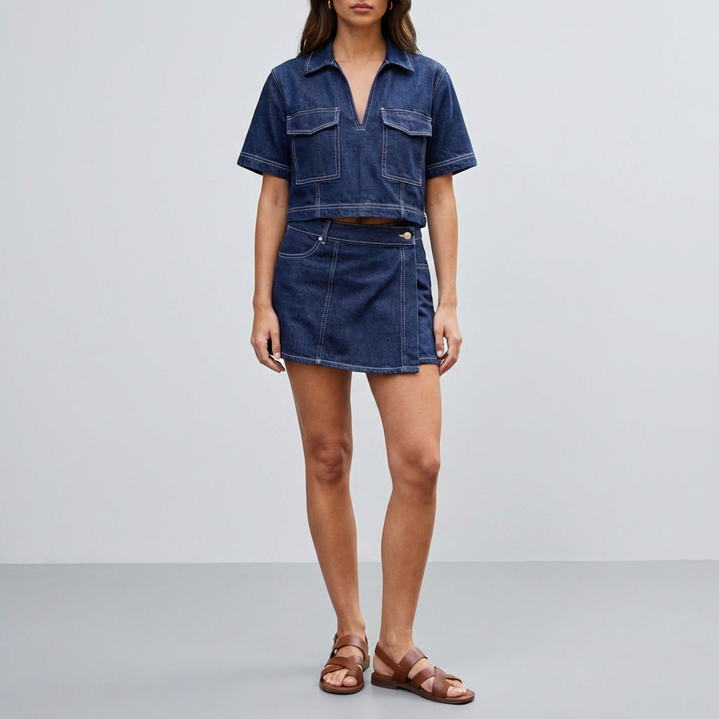 Conjunto de Denim de Dos Piezas con Top y Falda