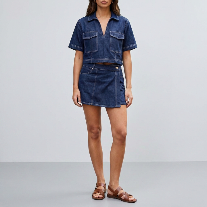 Conjunto de Denim de Dos Piezas con Top y Falda