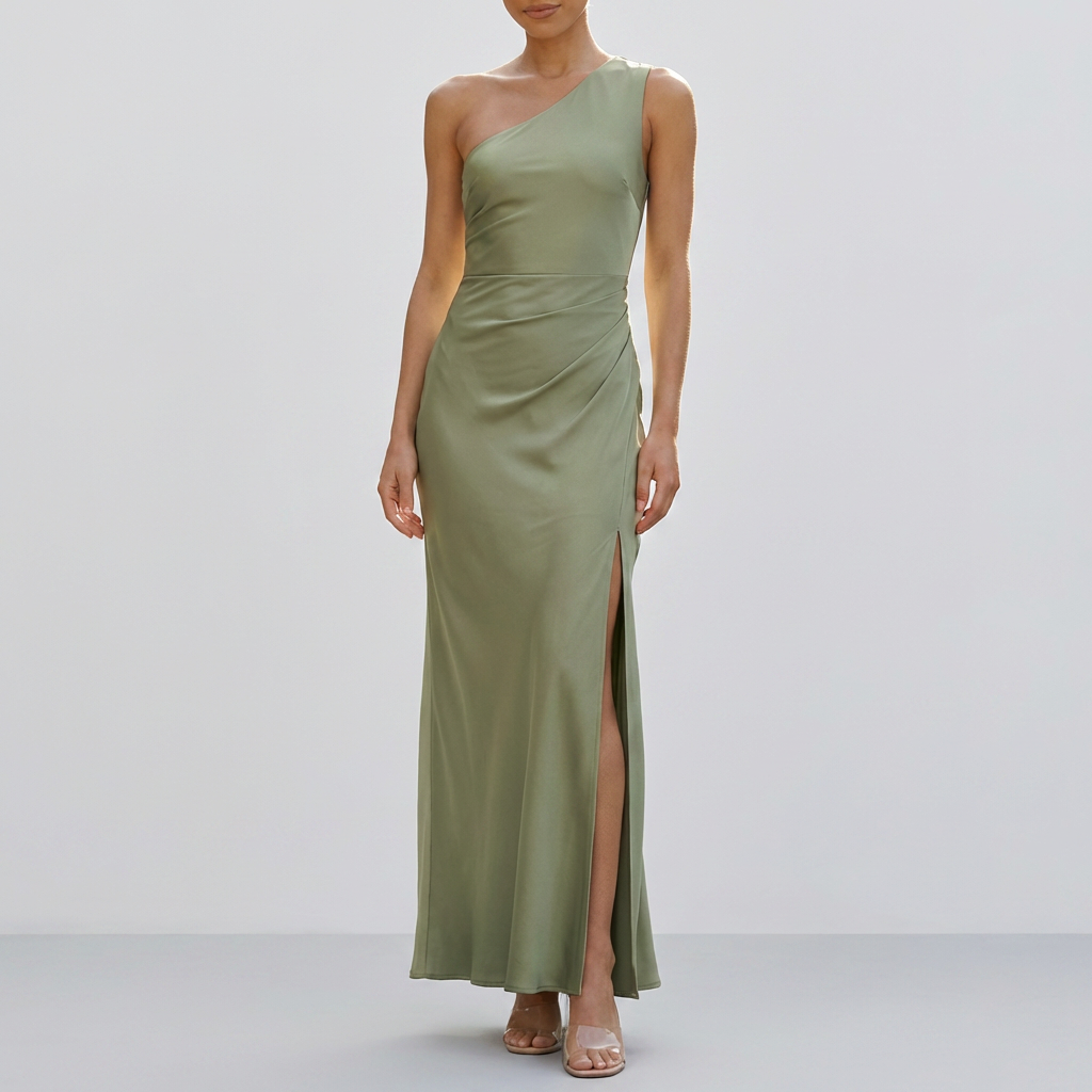 Vestido Maxi Satinado de Un Hombro para Mujeres