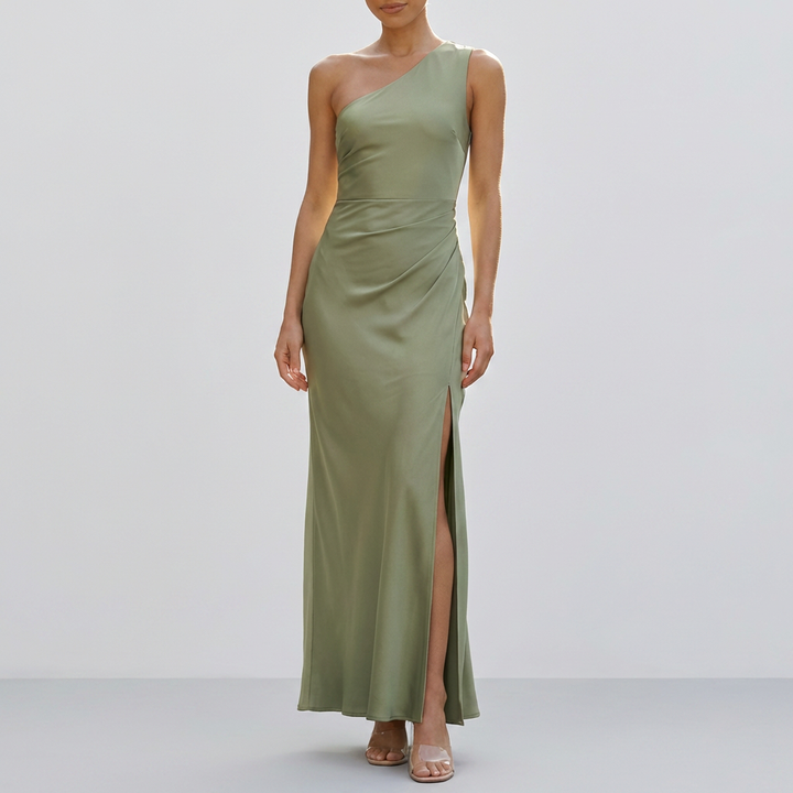 Vestido Maxi Satinado de Un Hombro para Mujeres