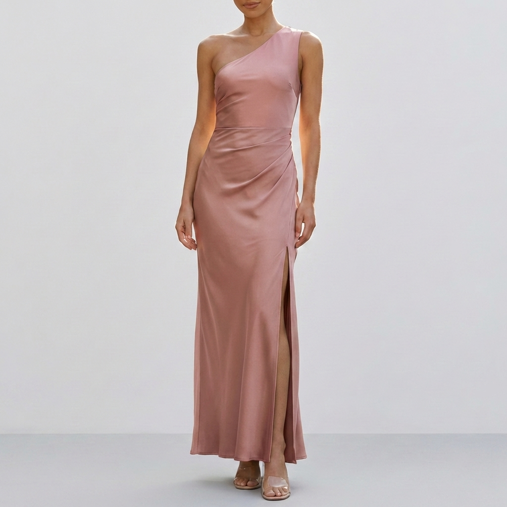 Vestido Maxi Satinado de Un Hombro para Mujeres