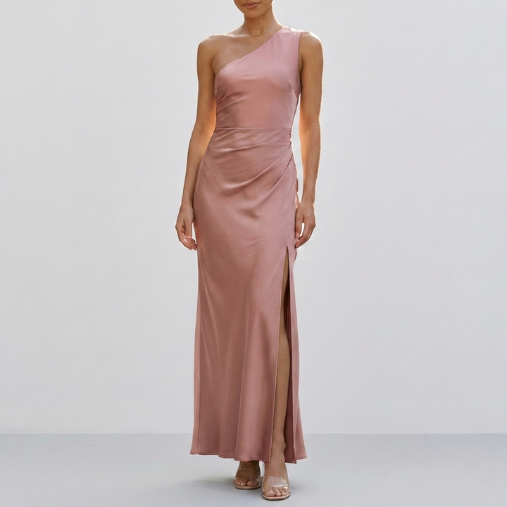 Vestido Maxi Satinado de Un Hombro para Mujeres