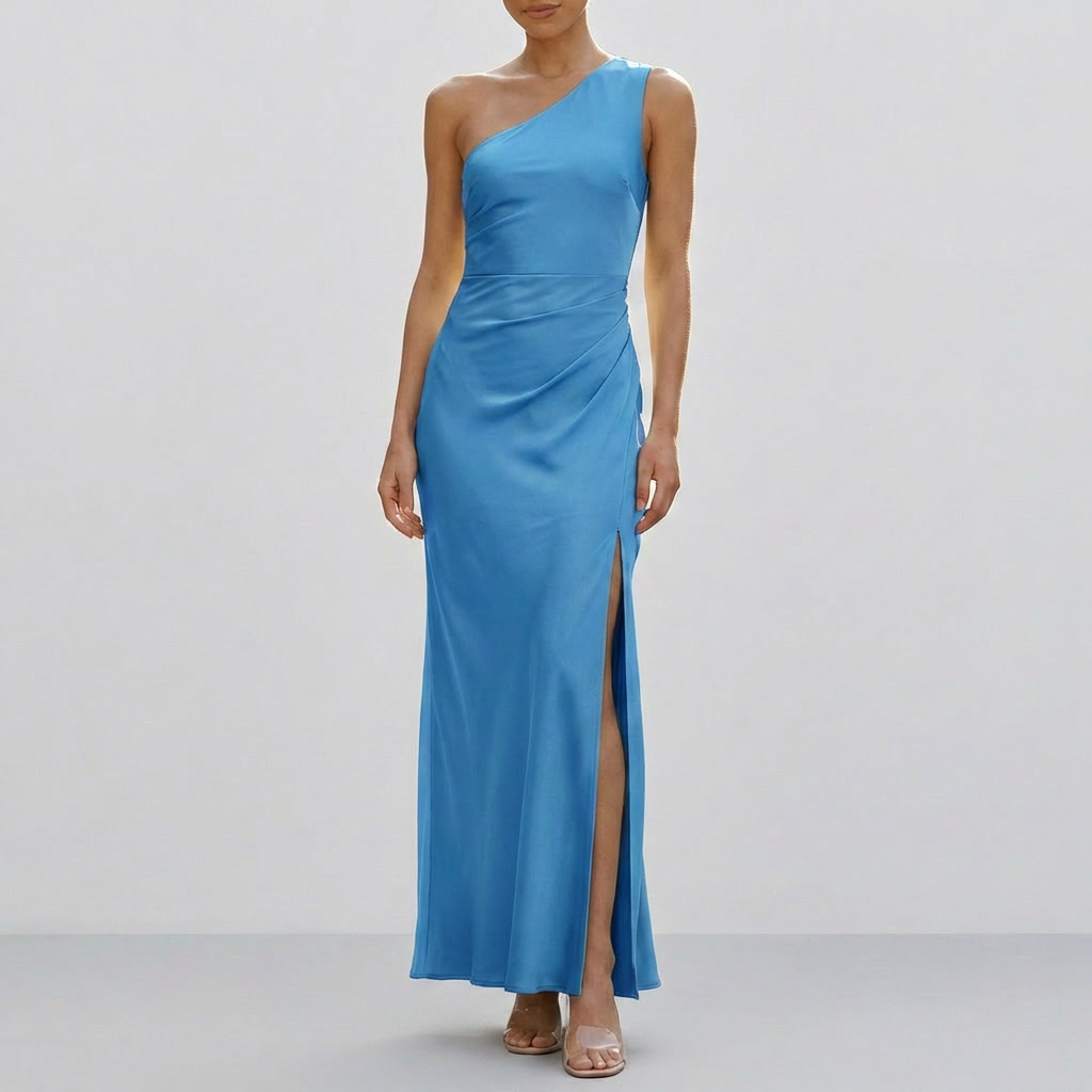 Vestido Maxi Satinado de Un Hombro para Mujeres