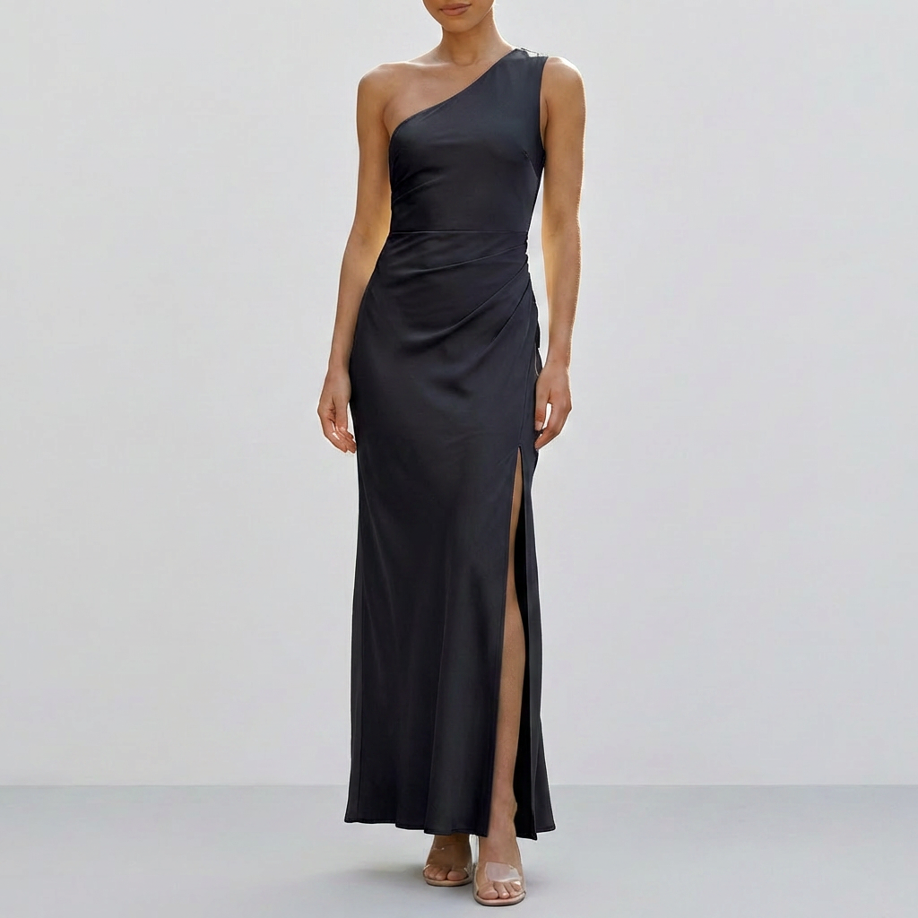 Vestido Maxi Satinado de Un Hombro para Mujeres