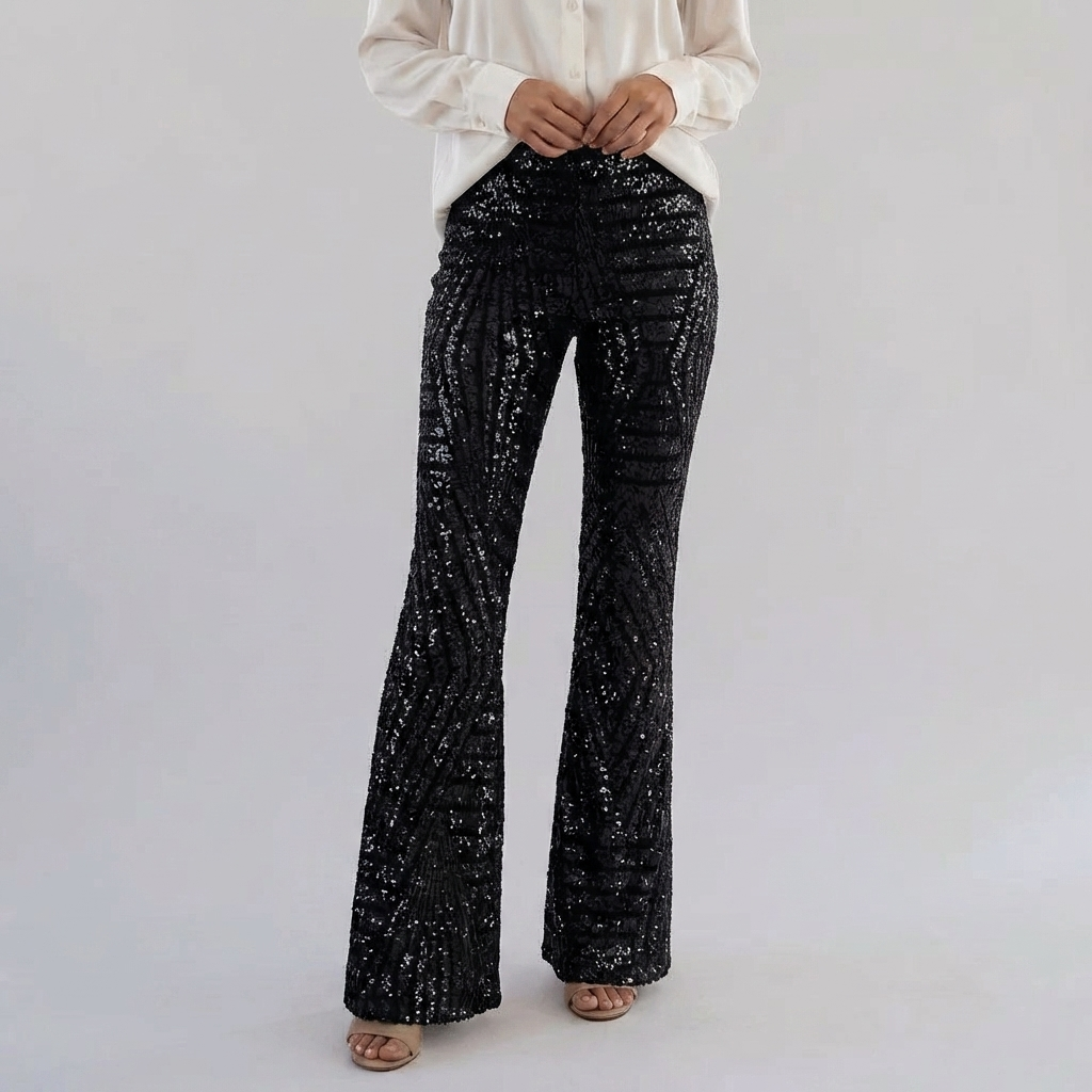 Pantalones de flare con brillantes a la altura de la cintura para mujeres