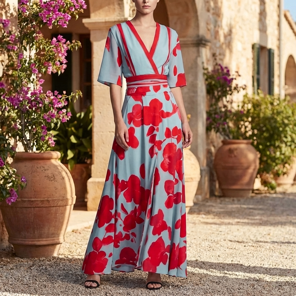 Vestido largo floral con cuello en V para mujeres