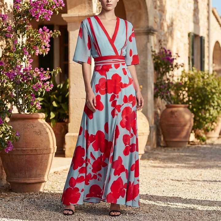 Vestido largo floral con cuello en V para mujeres