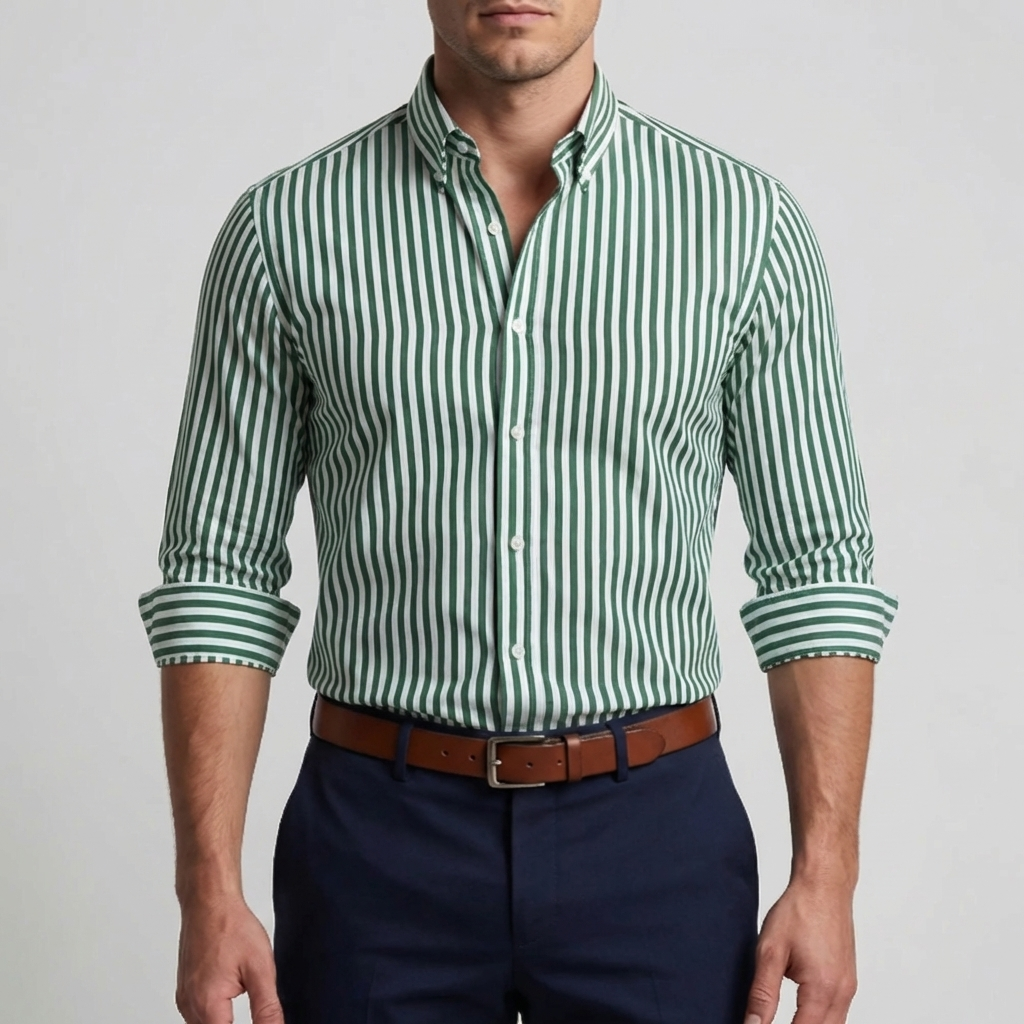Camisa de Botón Rayada de Manga Larga