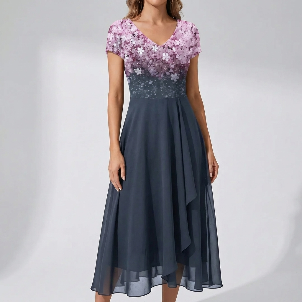 Vestido Midi con Estampado Floral y Cuello en V para Mujeres