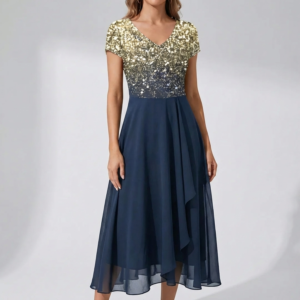 Vestido Midi con Estampado Floral y Cuello en V para Mujeres