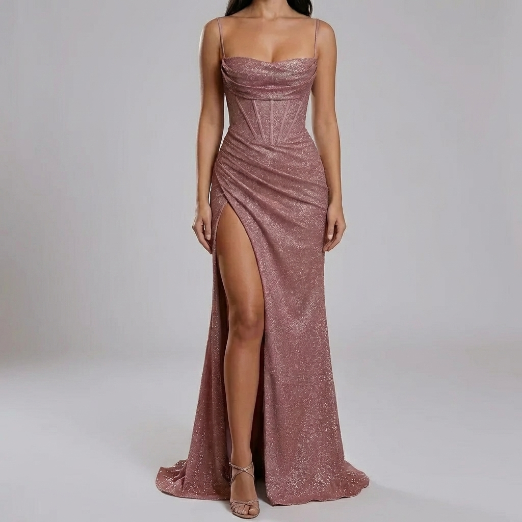 Vestido de Noche hasta el Suelo con Tirantes de Espagueti y Alta División