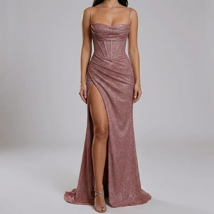 Vestido de Noche hasta el Suelo con Tirantes de Espagueti y Alta División