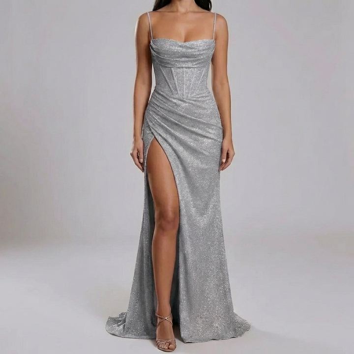 Vestido de Noche hasta el Suelo con Tirantes de Espagueti y Alta División