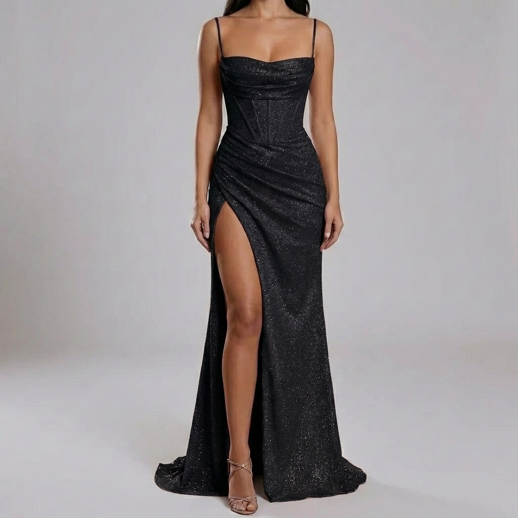 Vestido de Noche hasta el Suelo con Tirantes de Espagueti y Alta División