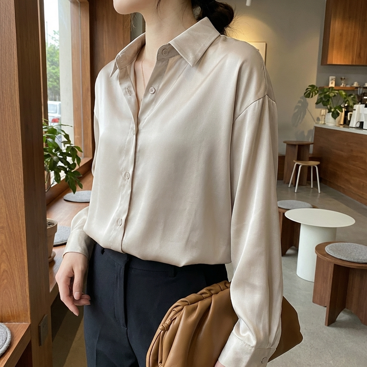 Blusa de satén con mangas largas y cuello clásico