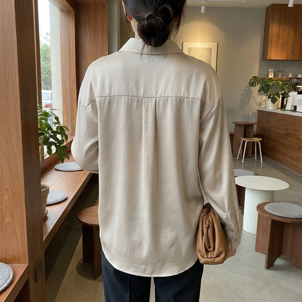 Blusa de satén con mangas largas y cuello clásico