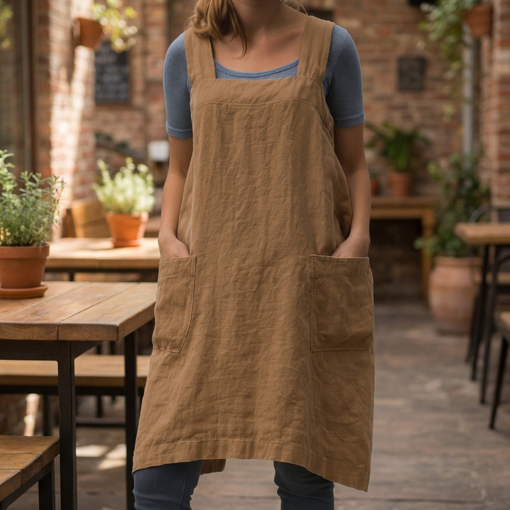 Vestido de Delantal de Algodón y Lino con Bolsillos para Mujeres