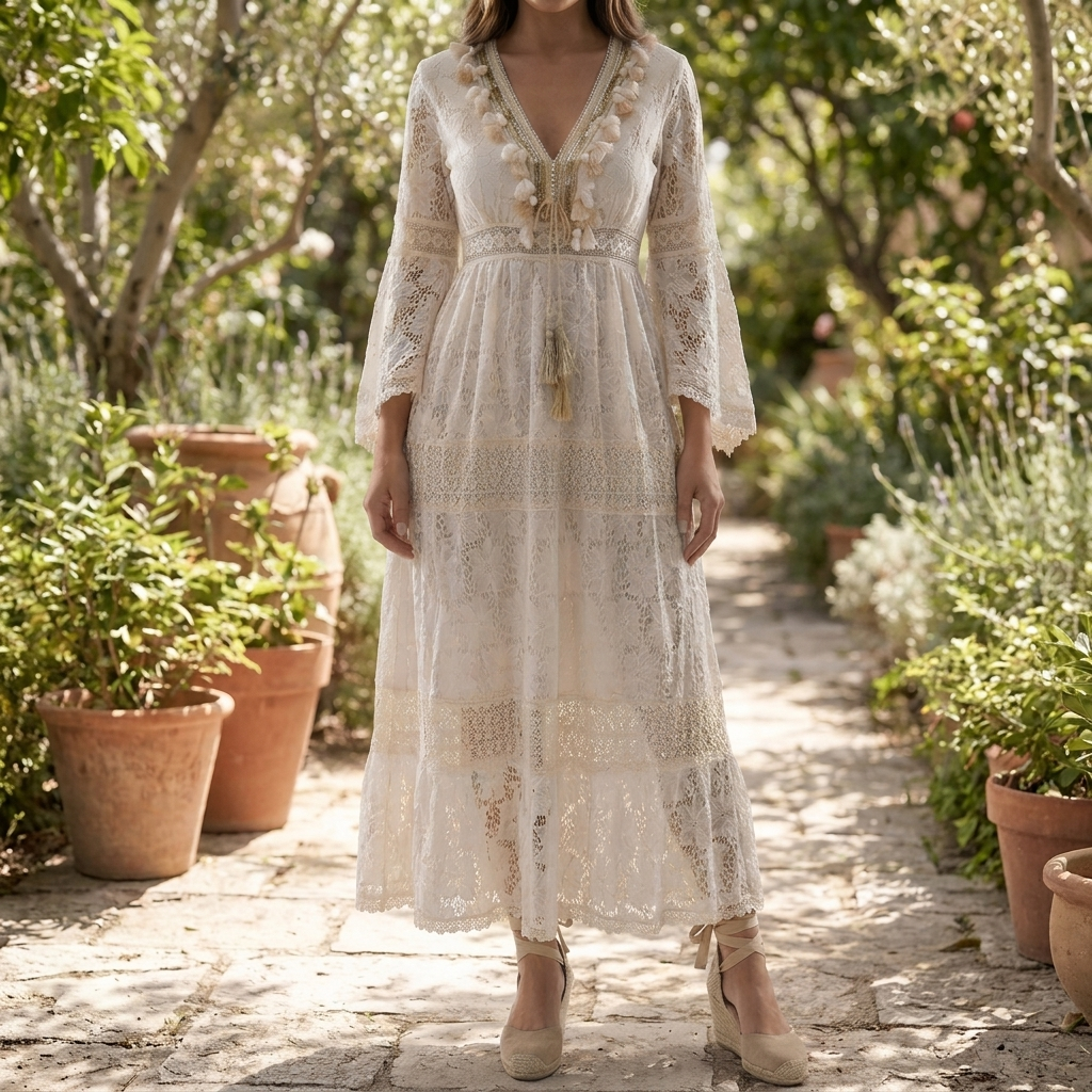 Vestido Maxi de Encaje con Mangas Acampanadas
