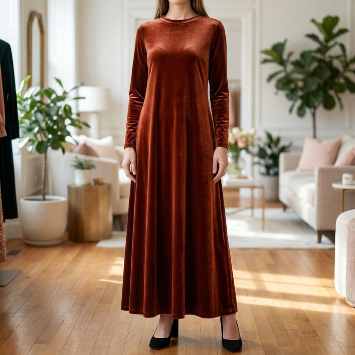 Vestido Maxi de Efecto Velvet para Mujer con Mangas Largas