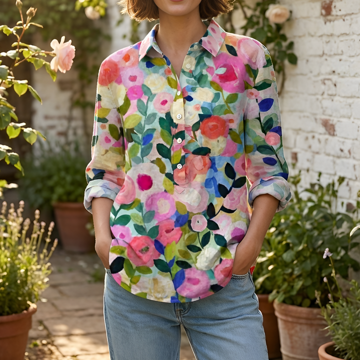 Blusa Floral de Botones con Mangas Largas