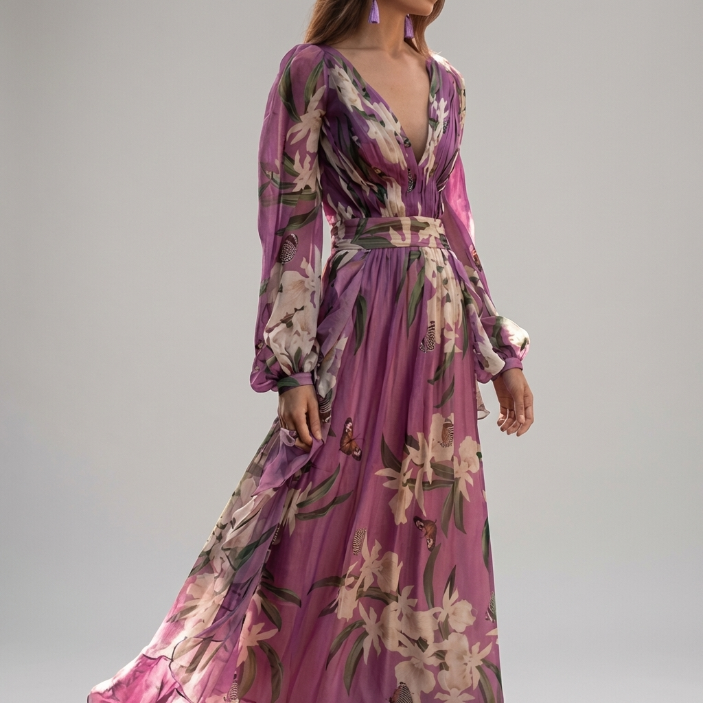 Vestido largo de manga larga con cuello en V y corte en A